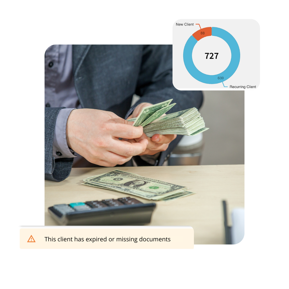 Money transfer store employee using MsB Manager to track recurring clients and receive alerts for expired or missing customer documents