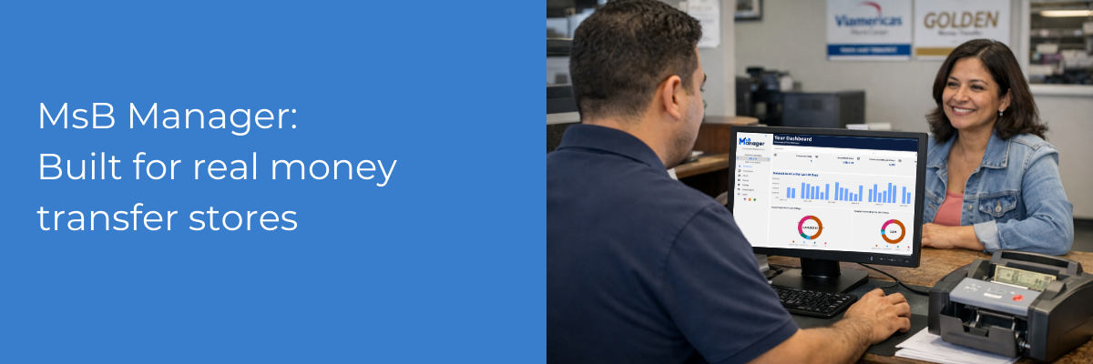 Money transfer store agent reviewing customer transaction history across multiple remittance providers